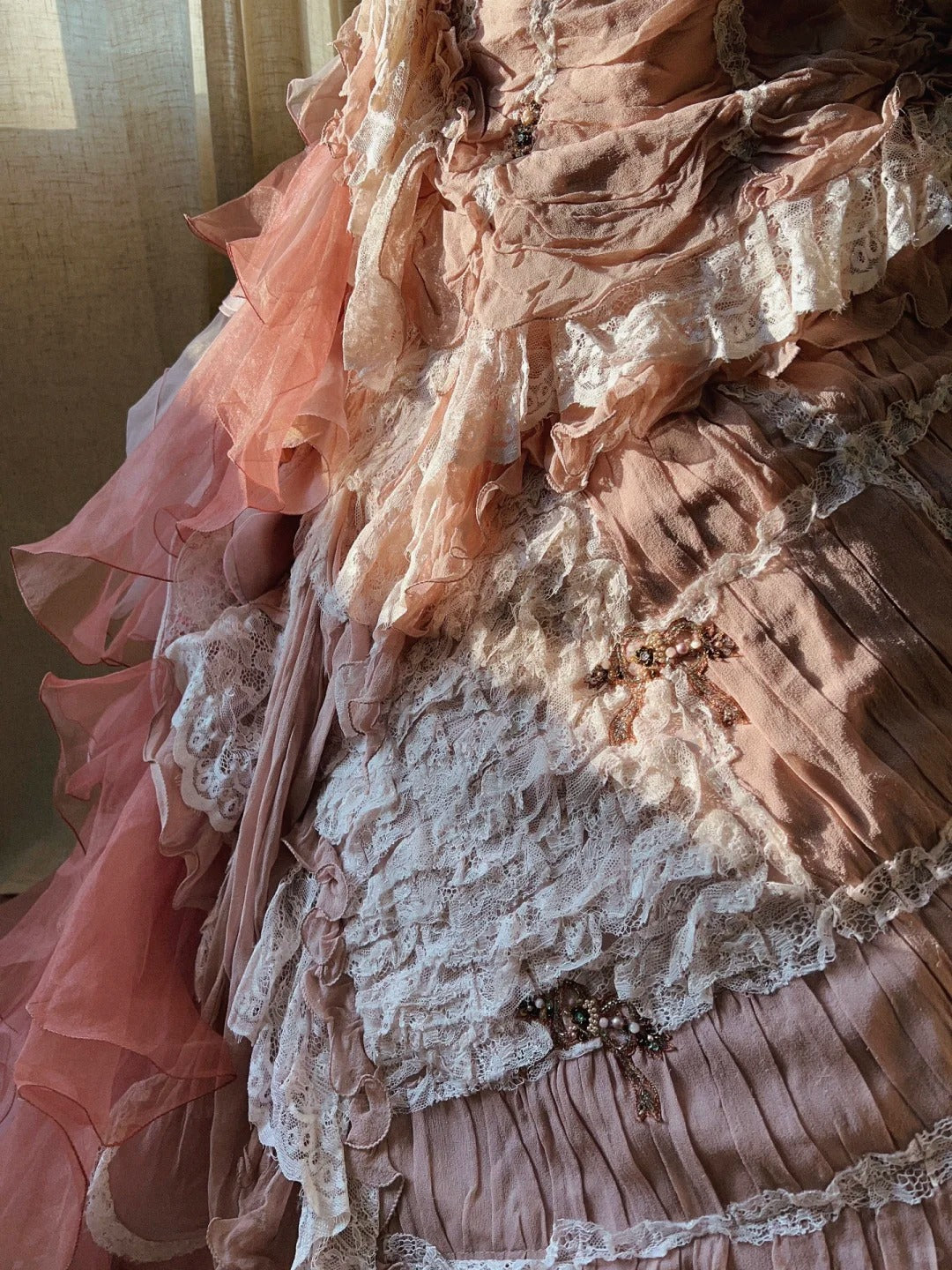 Beautiful Pink Rose Slim Skirt Pleated French Lace Mermaid Wedding Dress P3068