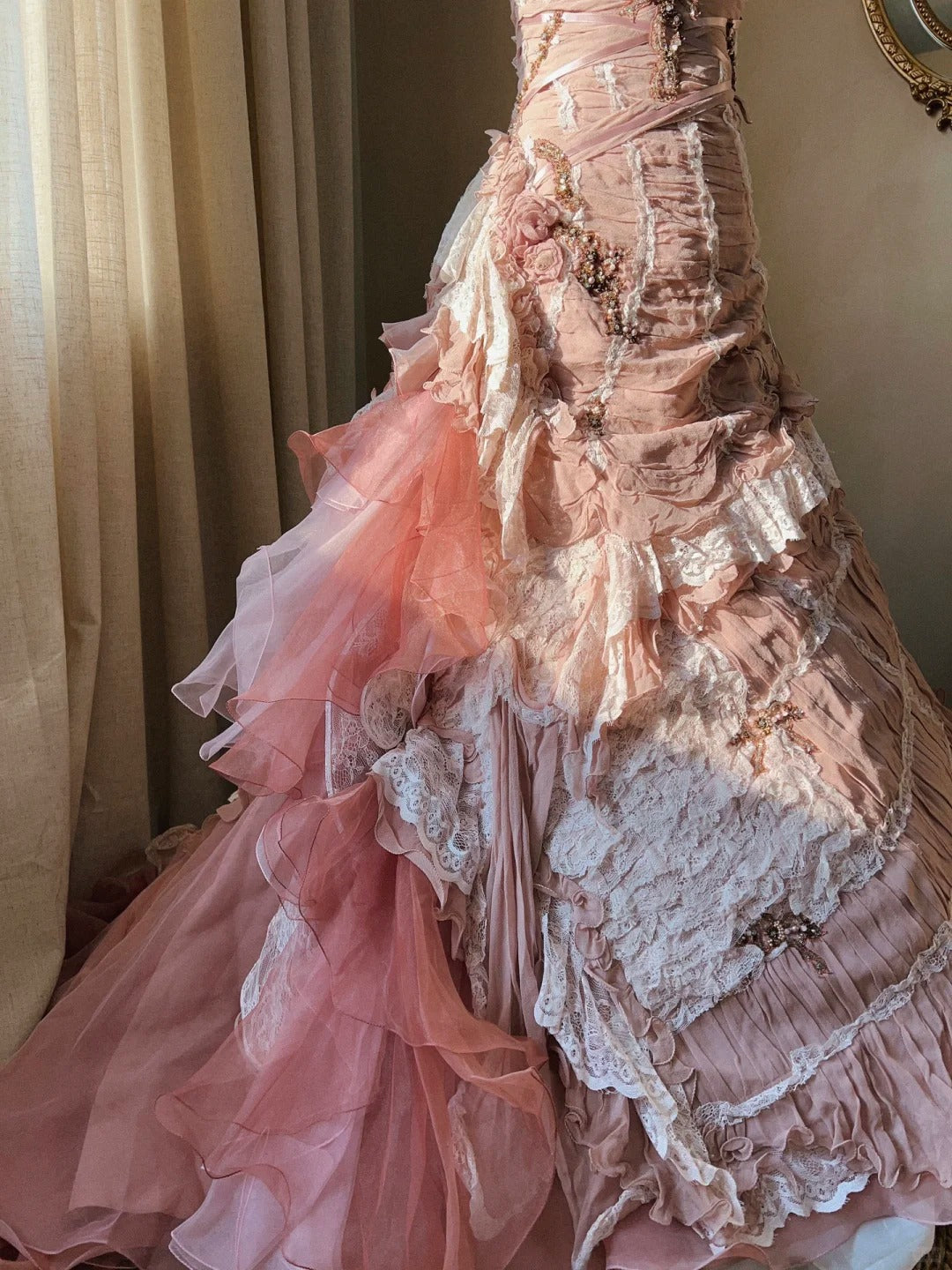 Beautiful Pink Rose Slim Skirt Pleated French Lace Mermaid Wedding Dress P3068