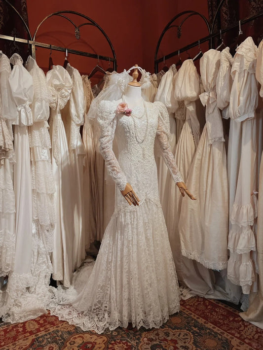 Roman Holiday Long Sleeve Lace Button Mermaid Train Wedding Dress P3080