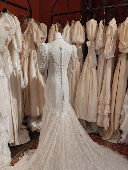 Roman Holiday Long Sleeve Lace Button Mermaid Train Wedding Dress P3080