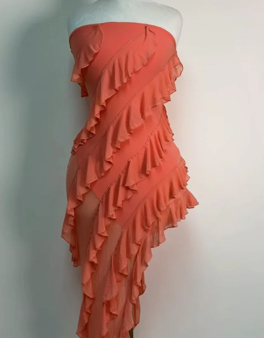 Unique orange tube top ruffled irregular skirt homecoming dress P3113