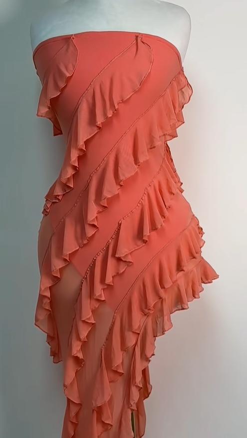 Unique orange tube top ruffled irregular skirt homecoming dress P3113