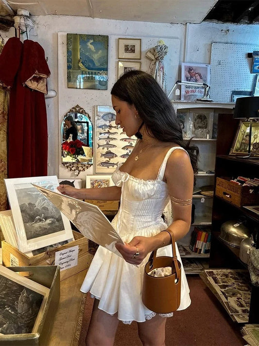 White Vintage Suspender Mini Birthday Party Homecoming Dress P3129