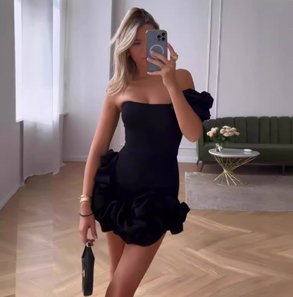 Lightweight black one-shoulder pleated slim homecoming dress P3187