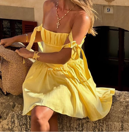 Holiday Style Bow Strap Yellow Mini Homecoming Dress P3196