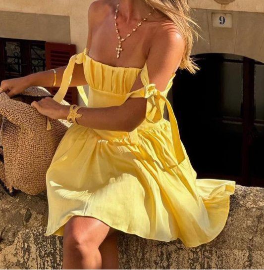 Holiday Style Bow Strap Yellow Mini Homecoming Dress P3196