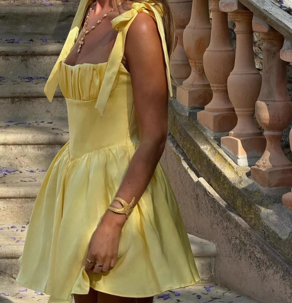 Holiday Style Bow Strap Yellow Mini Homecoming Dress P3196