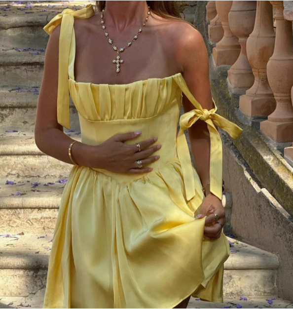Holiday Style Bow Strap Yellow Mini Homecoming Dress P3196