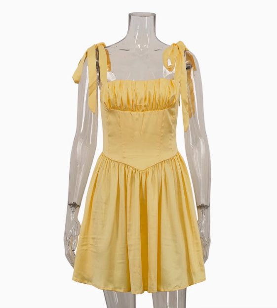 Holiday Style Bow Strap Yellow Mini Homecoming Dress P3196