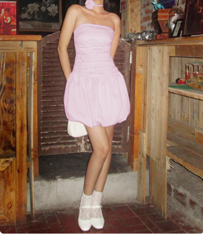 Cute tube top flower bud pink waist pleated birthday party homecoming dress P3237