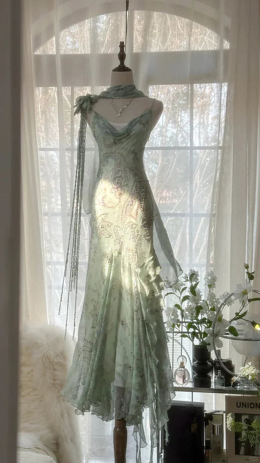 Gorgeous Light Green Cowl Neck Glittering Beaded Spaghetti Strap Chiffon Mermaid Prom Dress Evening Dress TP4305