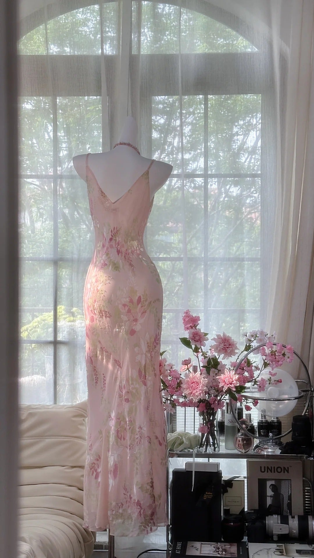 Elegant Printed Pink Chiffon Mermaid Evening Gown Prom Dress P3269