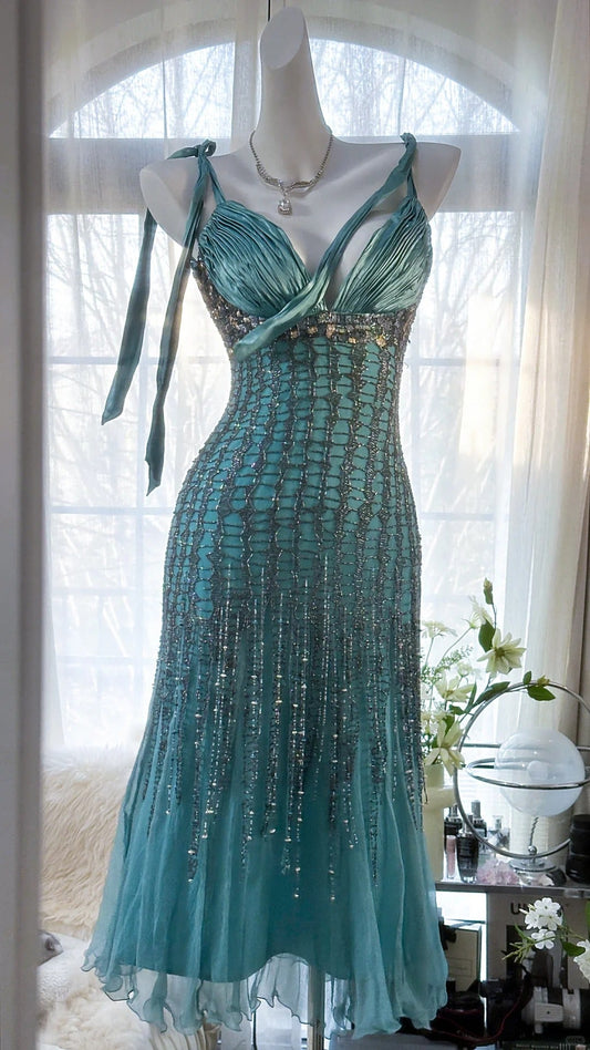 Elegant Blue V-Neck Beaded Tassel Chiffon Prom Dress P3290