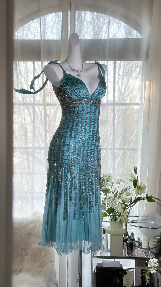 Elegant Blue V-Neck Beaded Tassel Chiffon Prom Dress P3290