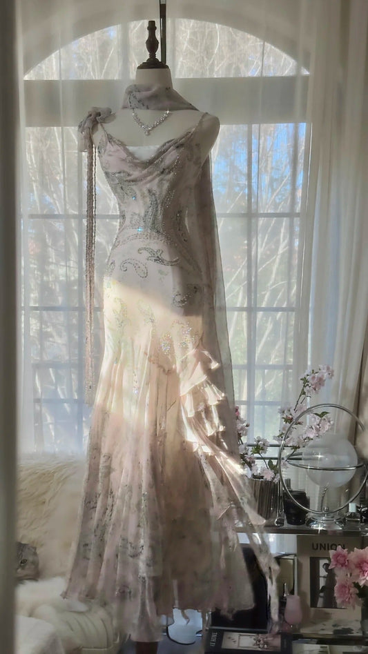 Elegant Pink Chiffon Lotus Beaded Mermaid Long Prom Dress P3317