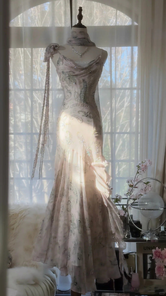 Elegant Pink Chiffon Lotus Beaded Mermaid Long Prom Dress P3317