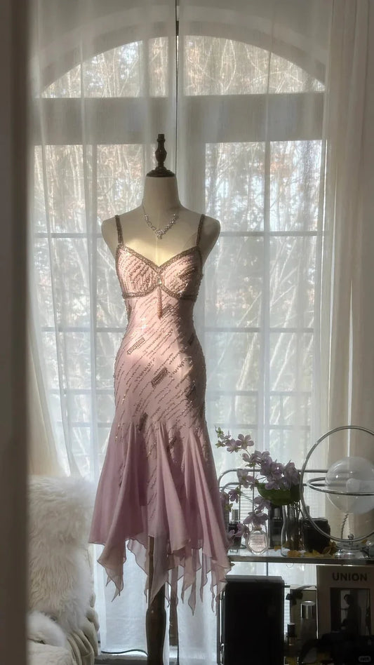 Gorgeous Pink Sweetheart Glittering Beaded Spaghetti Strap Chiffon Mermaid Prom Dress Evening Dress TP4304