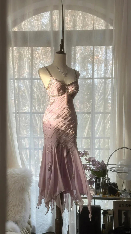 Gorgeous Pink Sweetheart Glittering Beaded Spaghetti Strap Chiffon Mermaid Prom Dress Evening Dress TP4304