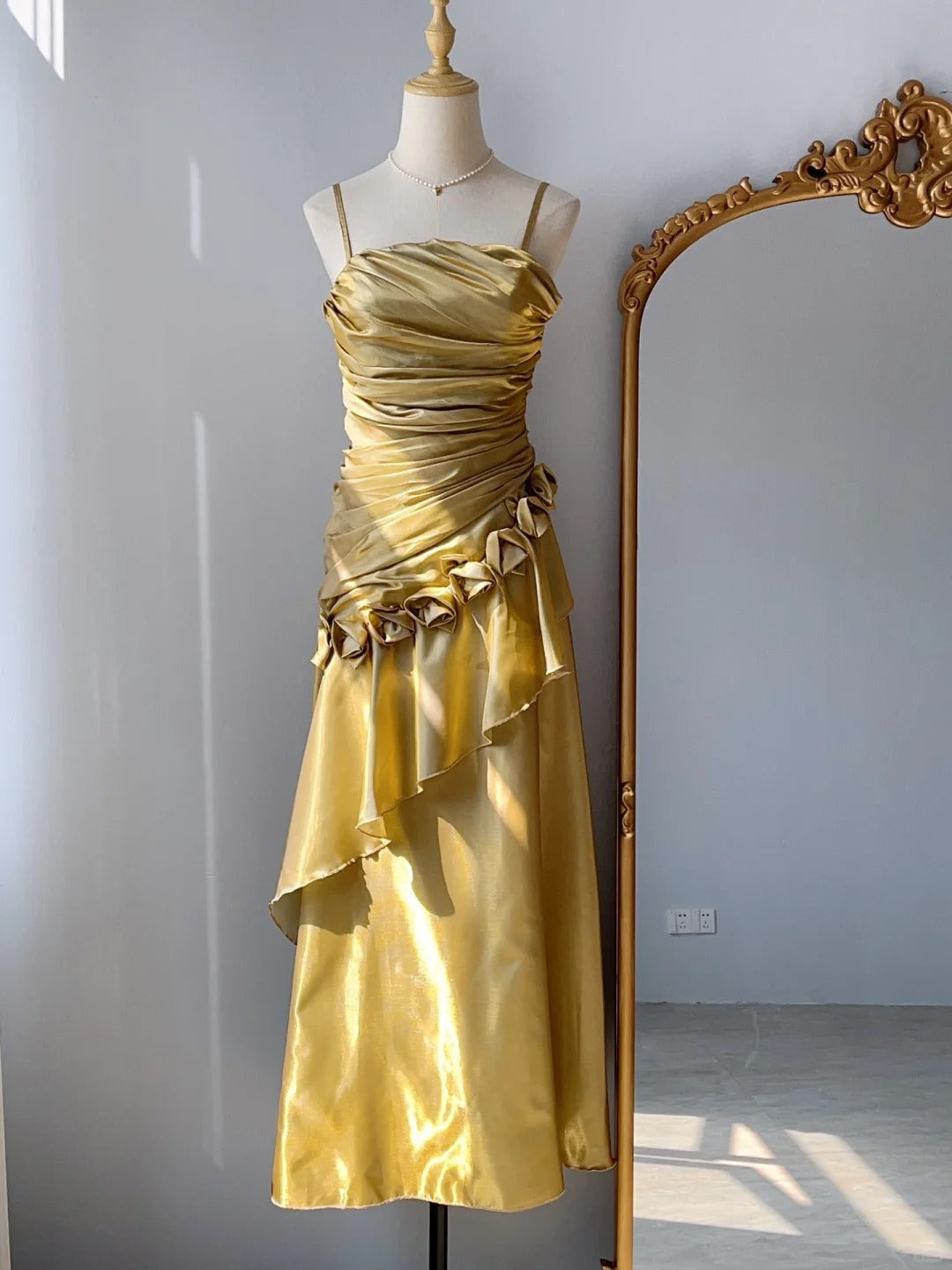 Elegant Yellow Strap Pleated 3D Flower Satin Long Prom Dress P3324
