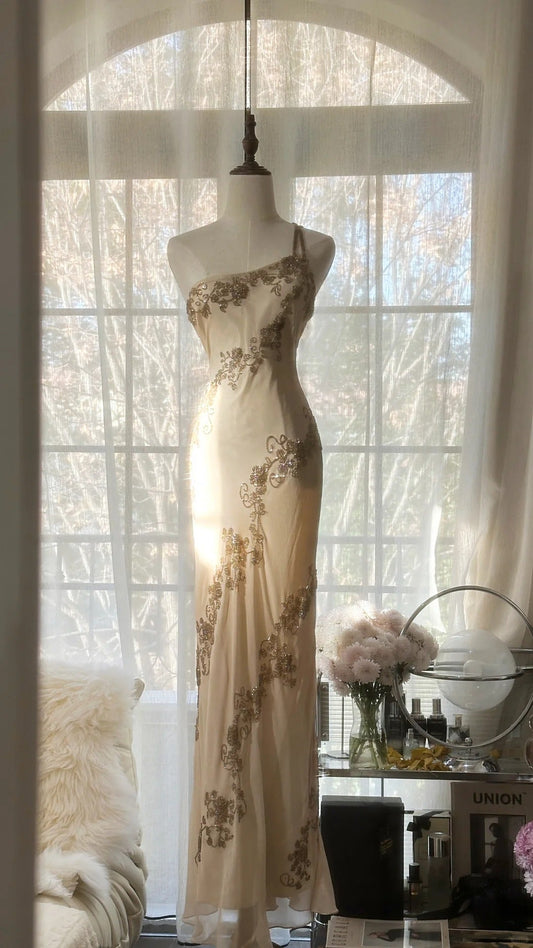 Elegant Champagne One Shoulder Beaded Chiffon Long Prom Dress P3337