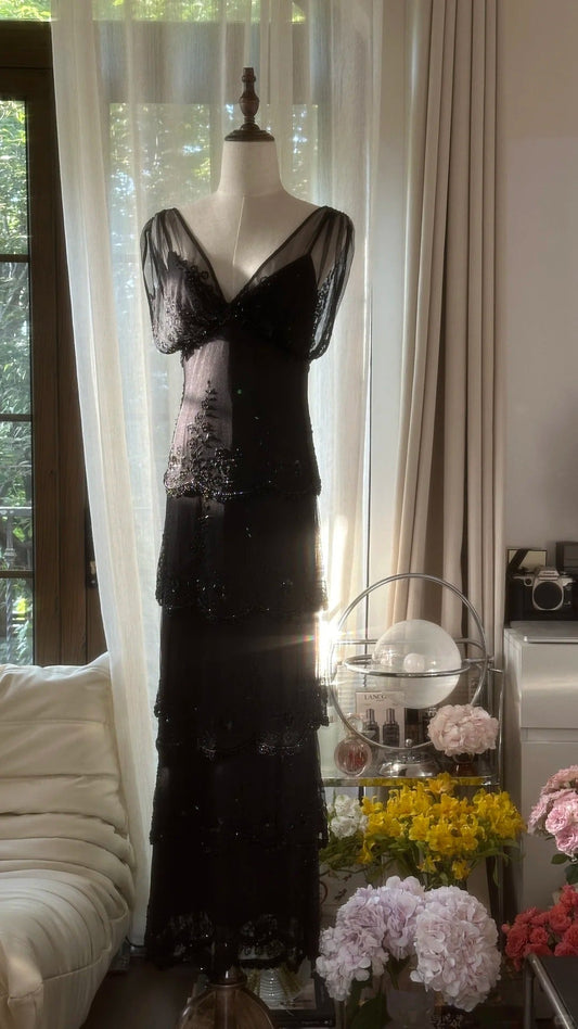 Elegant Black V-Neck Shoulder Beaded Chiffon Long Prom Dress P3347