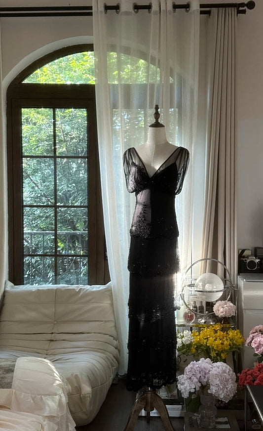 Elegant Black V-Neck Shoulder Beaded Chiffon Long Prom Dress P3347