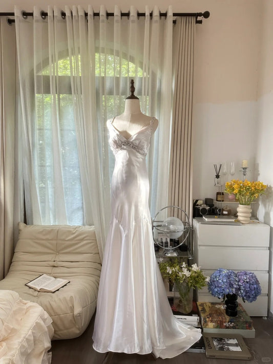 Elegant And Simple White Satin Open Back Prom Dress With Train P3355