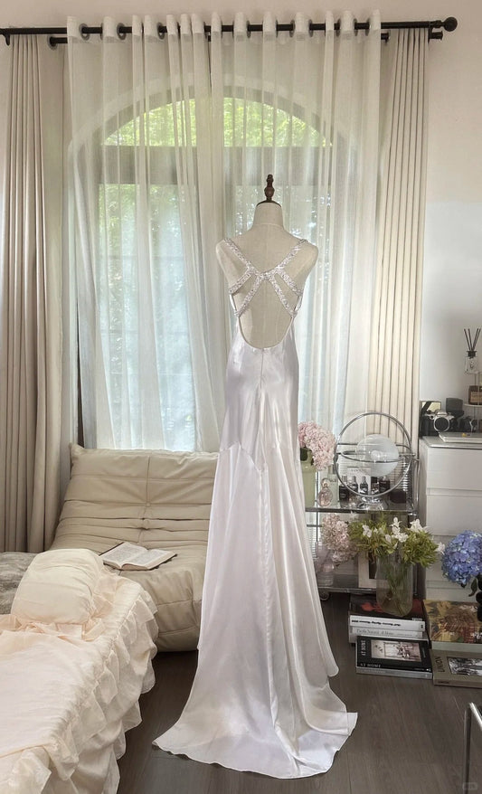 Elegant And Simple White Satin Open Back Prom Dress With Train P3355