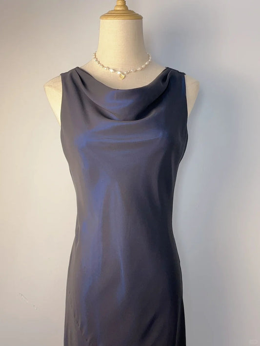 Elegant And Gentle Blue And Black Round Neck Sleeveless Long Prom Dress P3376