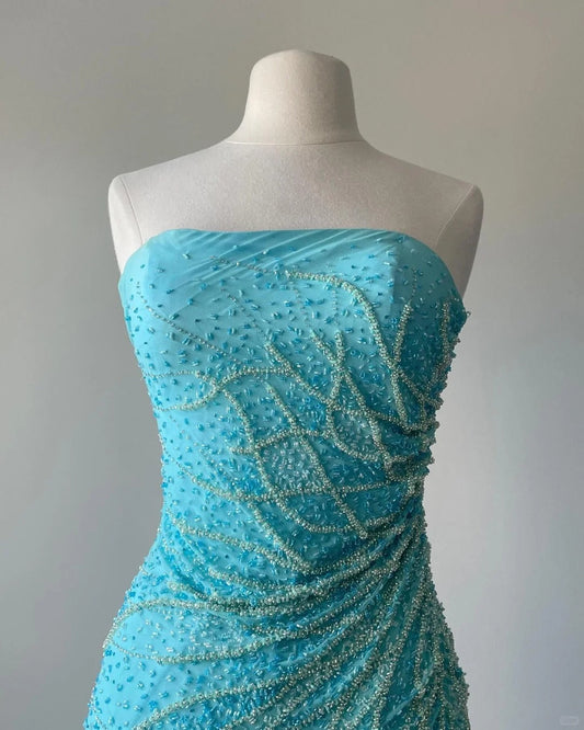 Elegant Blue Strapless Beaded Mermaid Chiffon Prom Dress P3397