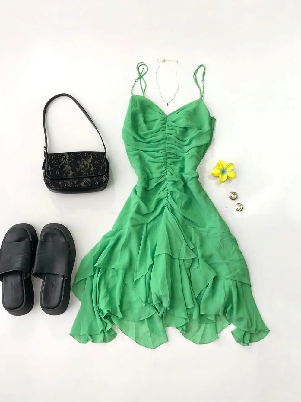 Beautiful Green Spaghetti Strap Pleated Chiffon Irregular Homecoming Dress P3409