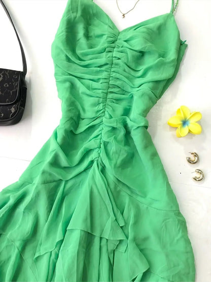 Beautiful Green Spaghetti Strap Pleated Chiffon Irregular Homecoming Dress P3409