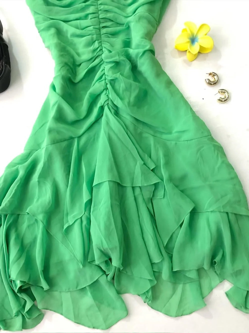 Beautiful Green Spaghetti Strap Pleated Chiffon Irregular Homecoming Dress P3409