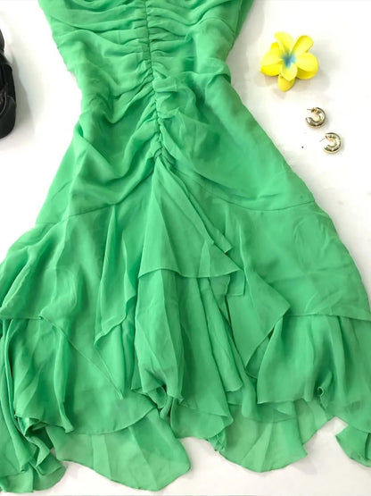 Beautiful Green Spaghetti Strap Pleated Chiffon Irregular Homecoming Dress P3409