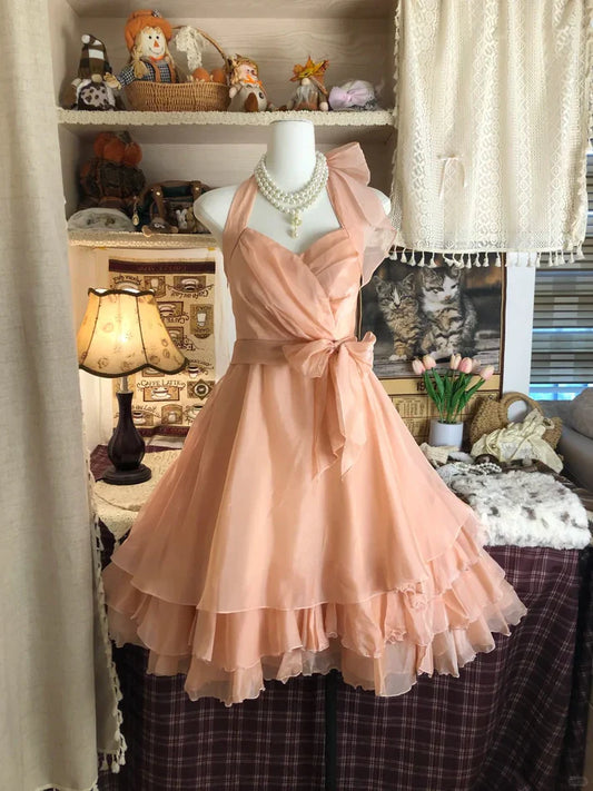 Vintage Champagne Sweetheart Halter Dress Design A-line Chiffon Party Dress Homecoming Dress TP4083