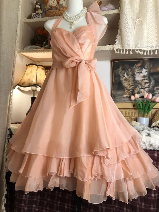 Vintage Champagne Sweetheart Halter Dress Design A-line Chiffon Party Dress Homecoming Dress TP4083