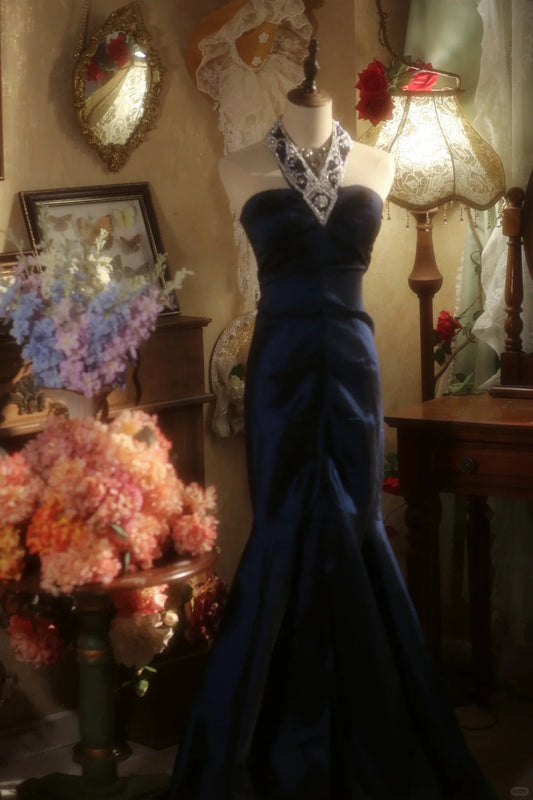 Elegant and Noble Navy Halter Beaded Mermaid Floor Length Prom Dress P3429