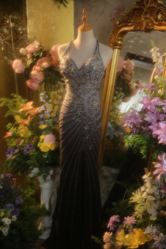 Elegant Gradient Gray Halter Neck Beaded Mermaid Prom Dress P3433