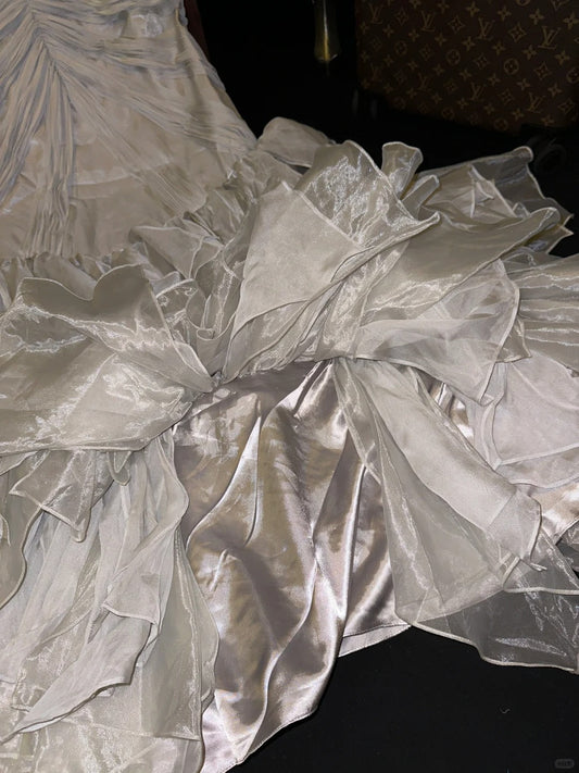 Elegant Grey Strap Mermaid Tulle Irregular Prom Dress P3445