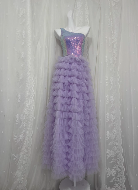 Elegant Purple One Shoulder Sequined Layered Tulle Long Prom Dress P3466