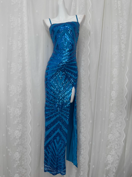 Elegant Blue Sequined Sling Slit Simple Long Prom Dress P3469