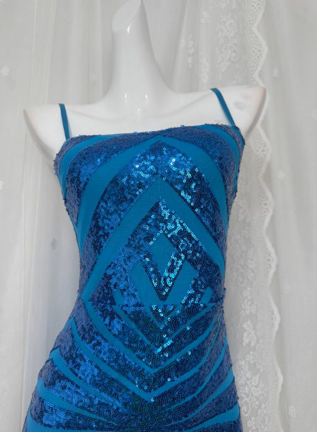 Elegant Blue Sequined Sling Slit Simple Long Prom Dress P3469