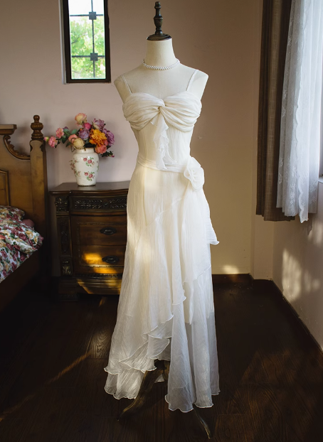 Elegant French Camellia Strap Irregular Prom Dress P3481