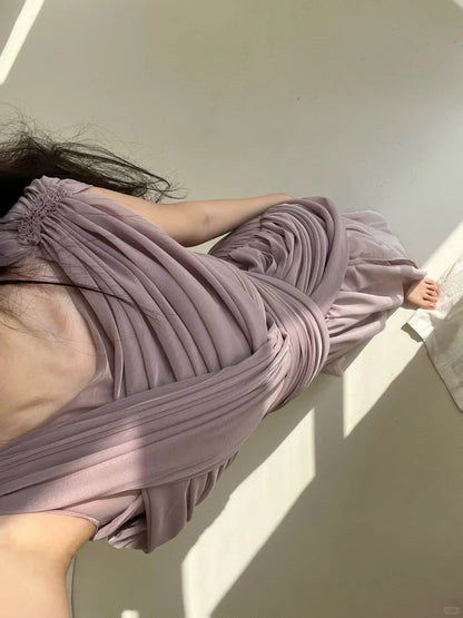 Elegant And Lazy Purple Swing Collar High Slit Chiffon Irregular Prom Dress P3488