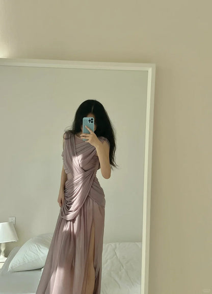 Elegant And Lazy Purple Swing Collar High Slit Chiffon Irregular Prom Dress P3488