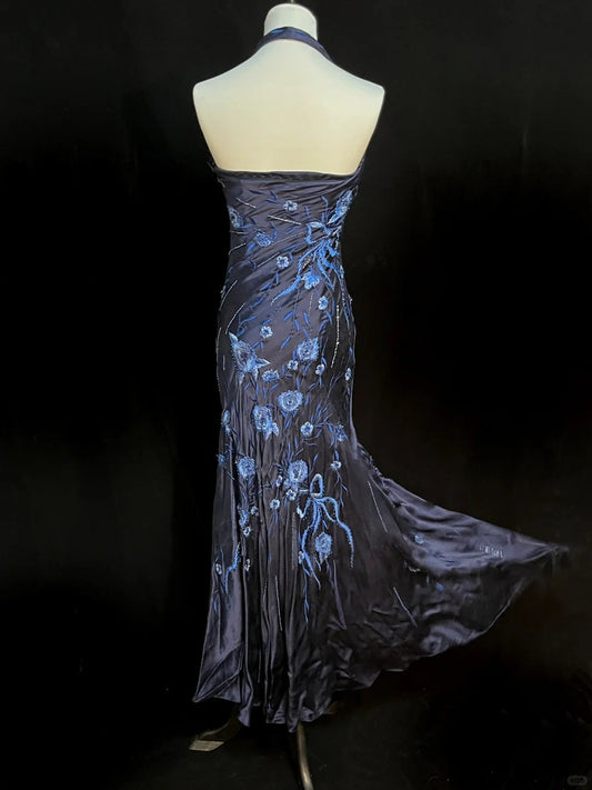 Elegant Navy Halter Neck Embroidered Satin Long Prom Dress P3490