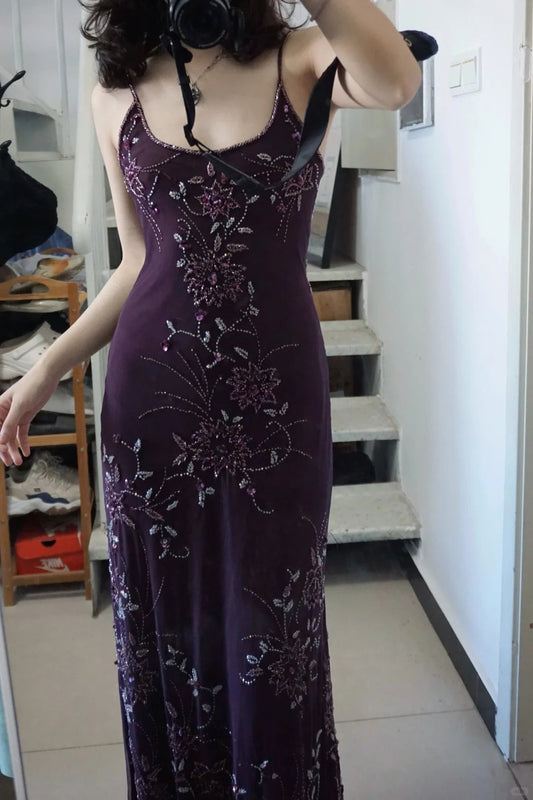 Elegant Purple U-neck Chiffon Beaded Spaghetti Strap Prom Dress P3493