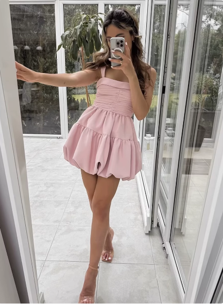 Cute Sweet Pink Pleated Sling Puffy Bud 17th Birthday Homecoming Dress P3550