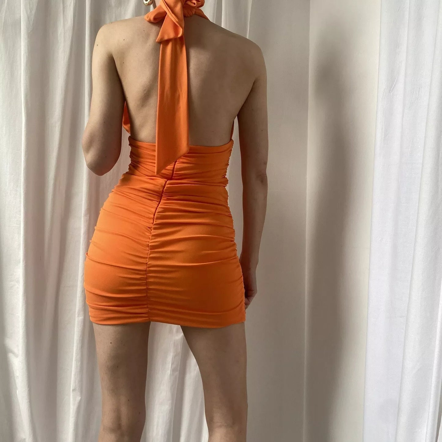 Beautiful Orange Halter Neck Deep V neck Revealing Backpack Hip 17th Birthday Homecoming Dress P3675