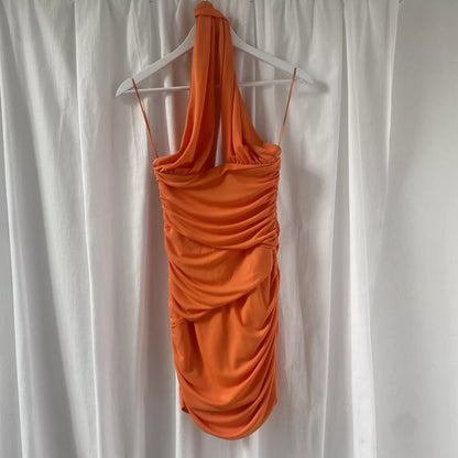 Beautiful Orange Halter Neck Deep V neck Revealing Backpack Hip 17th Birthday Homecoming Dress P3675